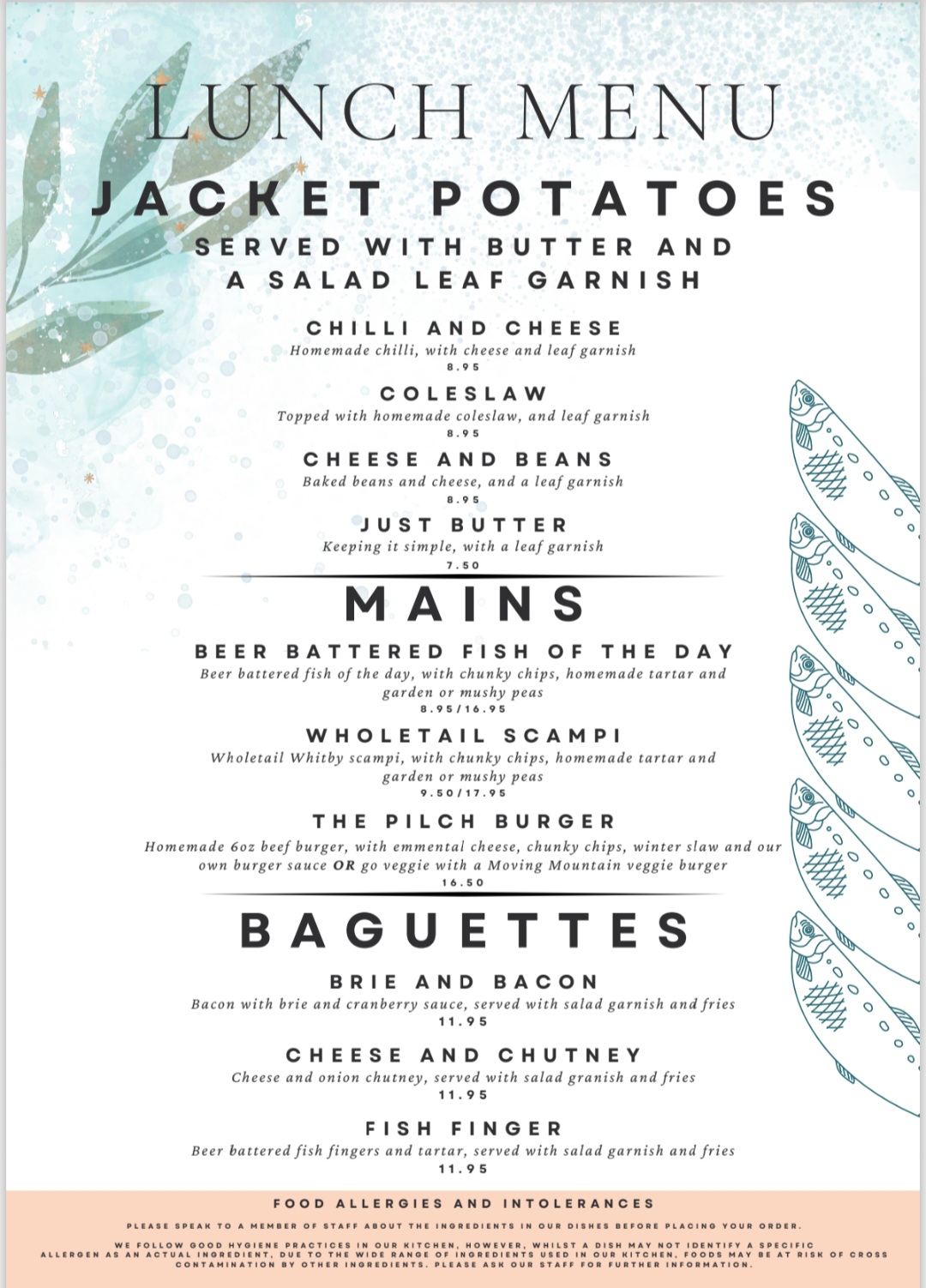 The Five Pilchards lunch menu