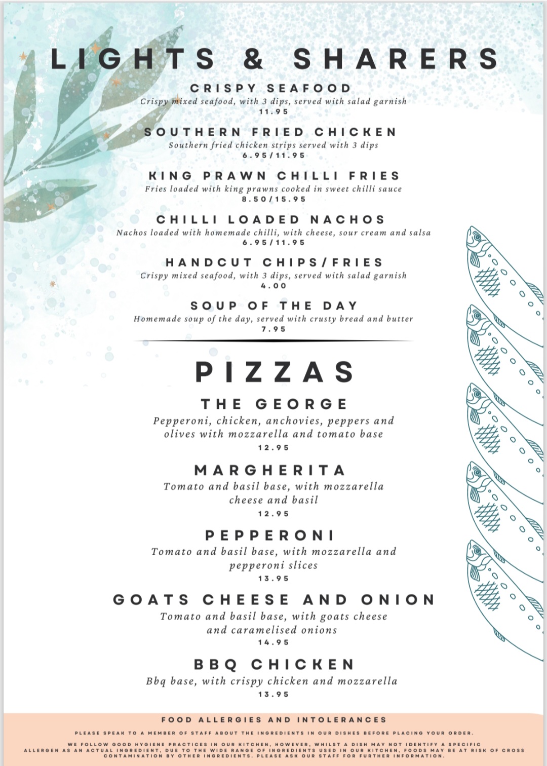 The Five Pilchards lights, sharers and pizza menu