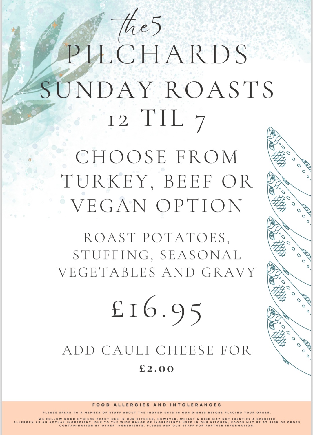 The Five Pilchards Sunday roast menu